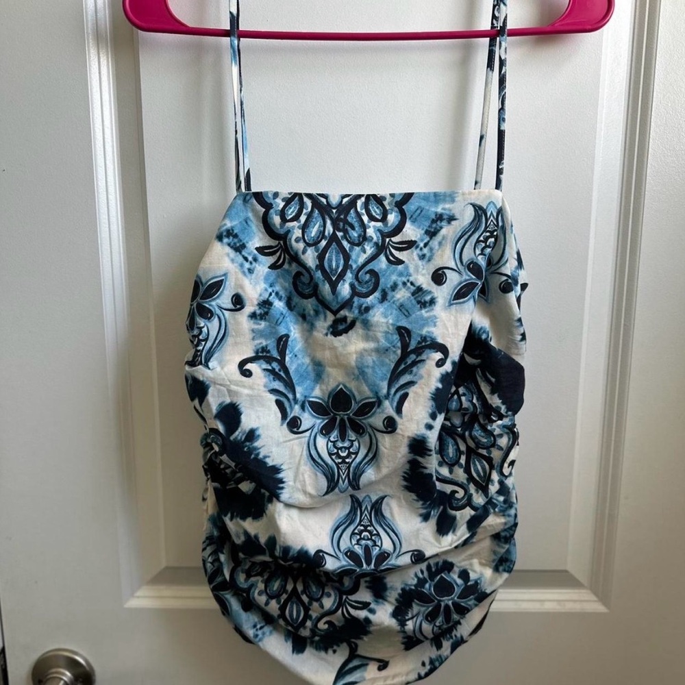 Zara Navy and White Floral Spaghetti Strap Top
